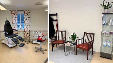 Karins medicinska fotvård i Henån - inomhus, väntrummet och behandlingsrummet.